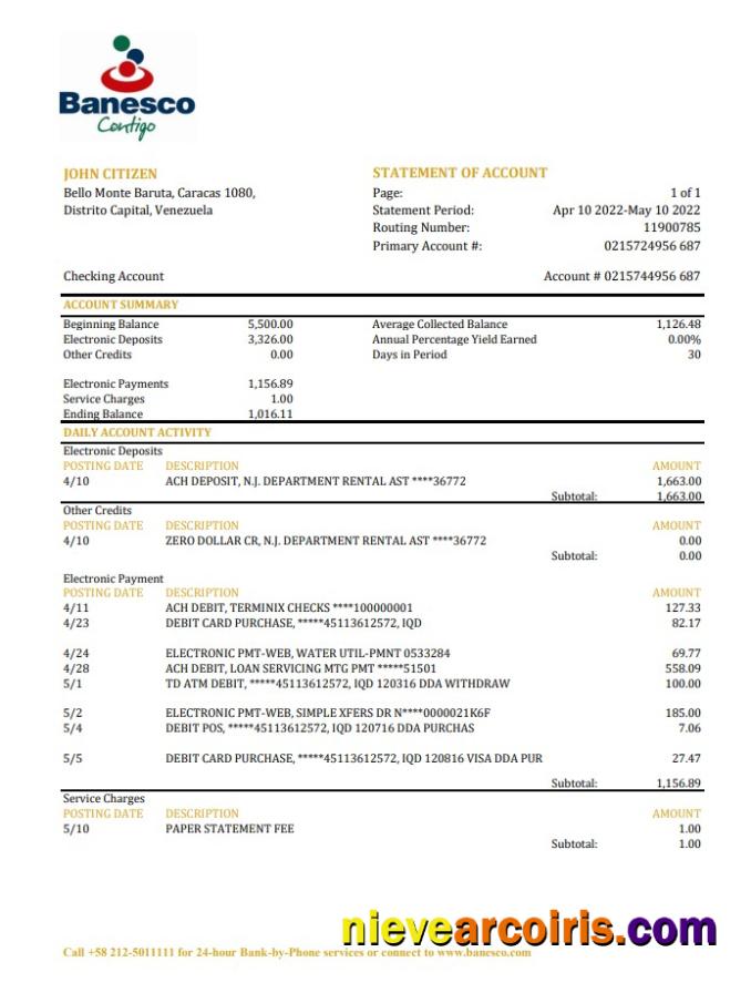 Venezuela Banesco bank statement